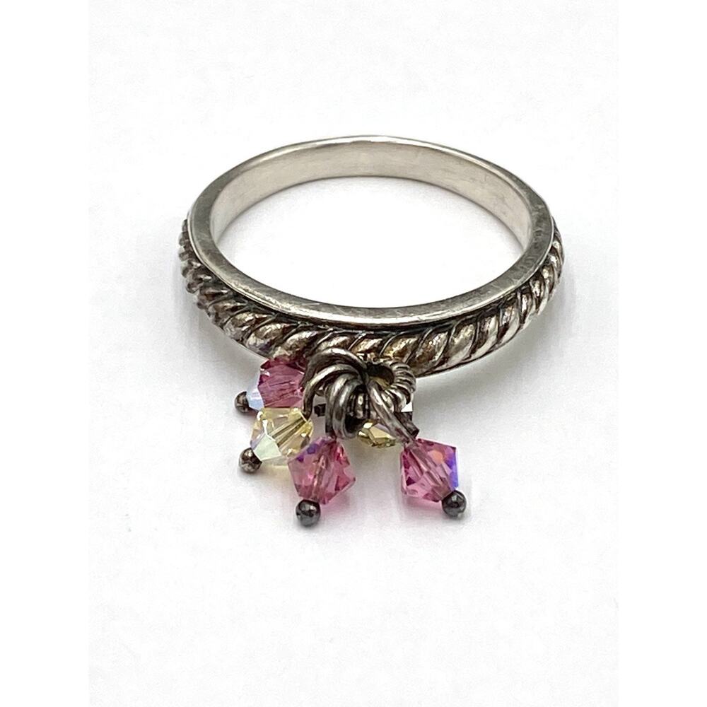 925 Thailand Sterling Silver Ring Faceted Bead Dangles Pink Yellow 9.75